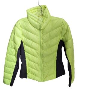 Alo Yoga Down Feather‎ Puffer Jacket Women's Small Neon Yellow Gray Slim Fit